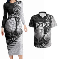 Personalised New Zealand Father's Day Couples Matching Long Sleeve Bodycon Dress and Hawaiian Shirt Papa Kiwi Bird Tribal Pattern