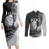 Personalised New Zealand Father's Day Couples Matching Long Sleeve Bodycon Dress and Long Sleeve Button Shirt Papa Kiwi Bird Tribal Pattern