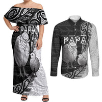 Personalised New Zealand Father's Day Couples Matching Off Shoulder Maxi Dress and Long Sleeve Button Shirt Papa Kiwi Bird Tribal Pattern