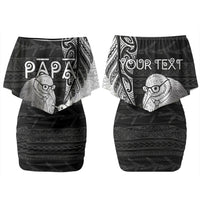 Personalised New Zealand Father's Day Couples Matching Off Shoulder Short Dress and Long Sleeve Button Shirt Papa Kiwi Bird Tribal Pattern