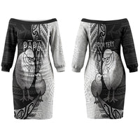 Personalised New Zealand Father's Day Couples Matching Off The Shoulder Long Sleeve Dress and Hawaiian Shirt Papa Kiwi Bird Tribal Pattern