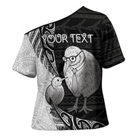 Personalised New Zealand Father's Day Cross Shoulder Shirt Papa Kiwi Bird Tribal Pattern