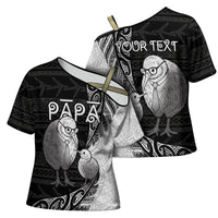 Personalised New Zealand Father's Day Cross Shoulder Shirt Papa Kiwi Bird Tribal Pattern