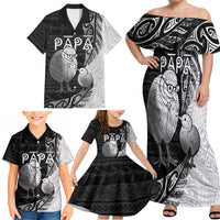 Personalised New Zealand Father's Day Family Matching Off Shoulder Maxi Dress and Hawaiian Shirt Papa Kiwi Bird Tribal Pattern