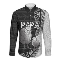 Personalised New Zealand Father's Day Long Sleeve Button Shirt Papa Kiwi Bird Tribal Pattern