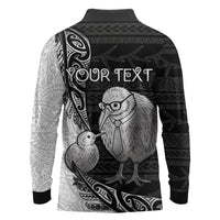 Personalised New Zealand Father's Day Long Sleeve Polo Shirt Papa Kiwi Bird Tribal Pattern