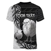 Personalised New Zealand Father's Day Women V-Neck T-Shirt Papa Kiwi Bird Tribal Pattern