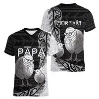 Personalised New Zealand Father's Day Women V-Neck T-Shirt Papa Kiwi Bird Tribal Pattern