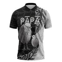 Personalised New Zealand Father's Day Zipper Polo Shirt Papa Kiwi Bird Tribal Pattern
