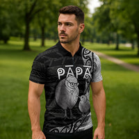 Personalised New Zealand Father's Day Zipper Polo Shirt Papa Kiwi Bird Tribal Pattern