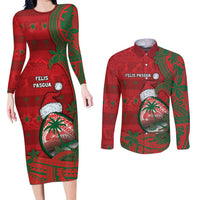 Guam Christmas Couples Matching Long Sleeve Bodycon Dress and Long Sleeve Button Shirt Chamorro Seal Hat Santa Tribal Waves - Polynesian Pride
