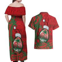 Guam Christmas Couples Matching Off Shoulder Maxi Dress and Hawaiian Shirt Chamorro Seal Hat Santa Tribal Waves DT05 - Polynesian Pride
