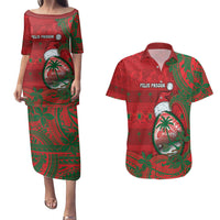 Guam Christmas Couples Matching Puletasi and Hawaiian Shirt Chamorro Seal Hat Santa Tribal Waves DT05 Red - Polynesian Pride