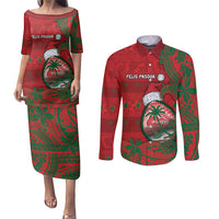 Guam Christmas Couples Matching Puletasi and Long Sleeve Button Shirt Chamorro Seal Hat Santa Tribal Waves - Polynesian Pride