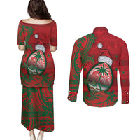 Guam Christmas Couples Matching Puletasi and Long Sleeve Button Shirt Chamorro Seal Hat Santa Tribal Waves - Polynesian Pride