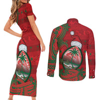 Guam Christmas Couples Matching Short Sleeve Bodycon Dress and Long Sleeve Button Shirt Chamorro Seal Hat Santa Tribal Waves DT05 - Polynesian Pride