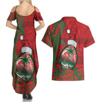 Guam Christmas Couples Matching Summer Maxi Dress and Hawaiian Shirt Chamorro Seal Hat Santa Tribal Waves - Polynesian Pride
