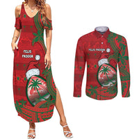 Guam Christmas Couples Matching Summer Maxi Dress and Long Sleeve Button Shirt Chamorro Seal Hat Santa Tribal Waves DT05 Red - Polynesian Pride