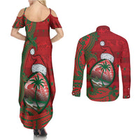 Guam Christmas Couples Matching Summer Maxi Dress and Long Sleeve Button Shirt Chamorro Seal Hat Santa Tribal Waves DT05 - Polynesian Pride