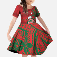 Guam Christmas Family Matching Long Sleeve Bodycon Dress and Hawaiian Shirt Chamorro Seal Hat Santa Tribal Waves DT05 Daughter's Dress Red - Polynesian Pride
