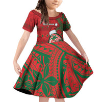 Guam Christmas Family Matching Off Shoulder Short Dress and Hawaiian Shirt Chamorro Seal Hat Santa Tribal Waves DT05 Daughter's Dress Red - Polynesian Pride