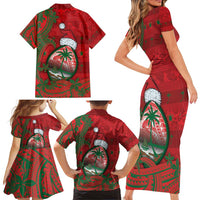 Guam Christmas Family Matching Short Sleeve Bodycon Dress and Hawaiian Shirt Chamorro Seal Hat Santa Tribal Waves DT05 - Polynesian Pride