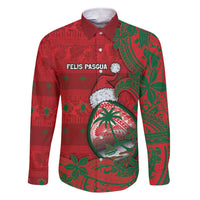 Guam Christmas Family Matching Short Sleeve Bodycon Dress and Hawaiian Shirt Chamorro Seal Hat Santa Tribal Waves DT05 Dad's Shirt - Long Sleeve Red - Polynesian Pride