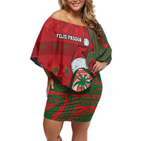 Guam Christmas Off Shoulder Short Dress Chamorro Seal Hat Santa Tribal Waves - Polynesian Pride