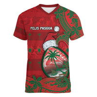 Guam Christmas Women V-Neck T-Shirt Chamorro Seal Hat Santa Tribal Waves DT05 Female Red - Polynesian Pride