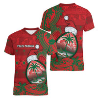 Guam Christmas Women V-Neck T-Shirt Chamorro Seal Hat Santa Tribal Waves DT05 - Polynesian Pride