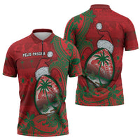 Guam Christmas Zipper Polo Shirt Chamorro Seal Hat Santa Tribal Waves - Polynesian Pride