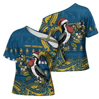 Nauru Christmas Cross Shoulder Shirt Frigatebird Bird Santa Tribal Waves - Polynesian Pride