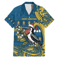 Nauru Christmas Family Matching Mermaid Dress and Hawaiian Shirt Frigatebird Bird Santa Tribal Waves DT05 Dad's Shirt - Short Sleeve Deep Blue - Polynesian Pride