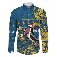 Nauru Christmas Family Matching Mermaid Dress and Hawaiian Shirt Frigatebird Bird Santa Tribal Waves DT05 Dad's Shirt - Long Sleeve Deep Blue - Polynesian Pride