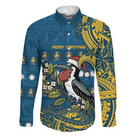 Nauru Christmas Family Matching Off The Shoulder Long Sleeve Dress and Hawaiian Shirt Frigatebird Bird Santa Tribal Waves DT05 Dad's Shirt - Long Sleeve Deep Blue - Polynesian Pride
