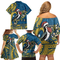 Nauru Christmas Family Matching Off Shoulder Short Dress and Hawaiian Shirt Frigatebird Bird Santa Tribal Waves DT05 - Polynesian Pride