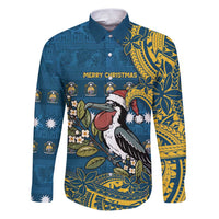 Nauru Christmas Family Matching Puletasi and Hawaiian Shirt Frigatebird Bird Santa Tribal Waves DT05 Dad's Shirt - Long Sleeve Deep Blue - Polynesian Pride