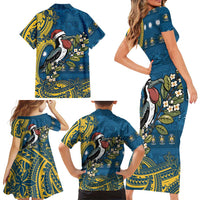 Nauru Christmas Family Matching Short Sleeve Bodycon Dress and Hawaiian Shirt Frigatebird Bird Santa Tribal Waves DT05 - Polynesian Pride
