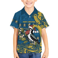Nauru Christmas Family Matching Short Sleeve Bodycon Dress and Hawaiian Shirt Frigatebird Bird Santa Tribal Waves DT05 Son's Shirt Deep Blue - Polynesian Pride