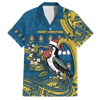 Nauru Christmas Family Matching Summer Maxi Dress and Hawaiian Shirt Frigatebird Bird Santa Tribal Waves DT05 Dad's Shirt - Short Sleeve Deep Blue - Polynesian Pride