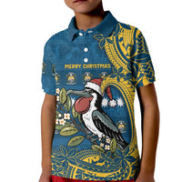 Nauru Christmas Kid Polo Shirt Frigatebird Bird Santa Tribal Waves DT05 Kid Deep Blue - Polynesian Pride