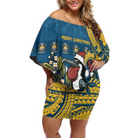 Nauru Christmas Off Shoulder Short Dress Frigatebird Bird Santa Tribal Waves - Polynesian Pride