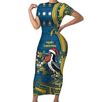 Nauru Christmas Short Sleeve Bodycon Dress Frigatebird Bird Santa Tribal Waves DT05 Long Dress Deep Blue - Polynesian Pride