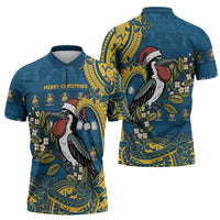 Nauru Christmas Zipper Polo Shirt Frigatebird Bird Santa Tribal Waves DT05 - Polynesian Pride