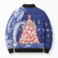 Northern Mariana Islands Christmas Bomber Puffer Jacket Seashell Xmas Tree Tribal Waves - Polynesian Pride