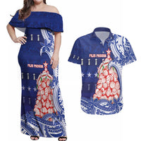 Northern Mariana Islands Christmas Couples Matching Off Shoulder Maxi Dress and Hawaiian Shirt Seashell Xmas Tree Tribal Waves - Polynesian Pride