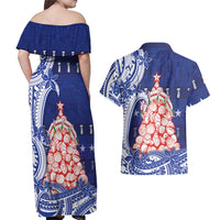 Northern Mariana Islands Christmas Couples Matching Off Shoulder Maxi Dress and Hawaiian Shirt Seashell Xmas Tree Tribal Waves DT05 - Polynesian Pride