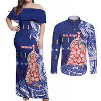Northern Mariana Islands Christmas Couples Matching Off Shoulder Maxi Dress and Long Sleeve Button Shirt Seashell Xmas Tree Tribal Waves DT05 Navy - Polynesian Pride