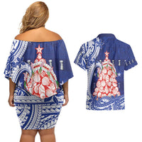 Northern Mariana Islands Christmas Couples Matching Off Shoulder Short Dress and Hawaiian Shirt Seashell Xmas Tree Tribal Waves DT05 - Polynesian Pride