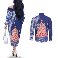 Northern Mariana Islands Christmas Couples Matching Off The Shoulder Long Sleeve Dress and Long Sleeve Button Shirt Seashell Xmas Tree Tribal Waves DT05 - Polynesian Pride
